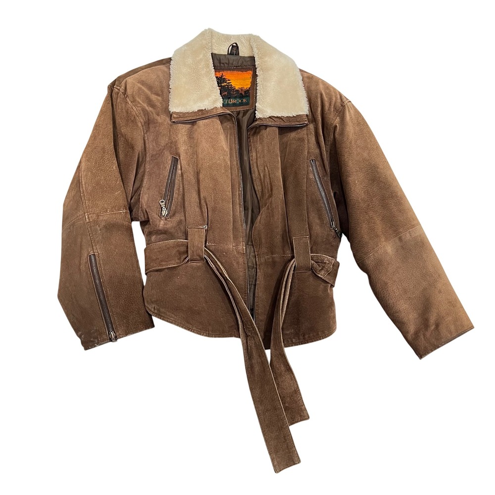 OutBrook Vintage Brown Suede Leather Bomber Jacket Faux Fur‎ Collar Women Large